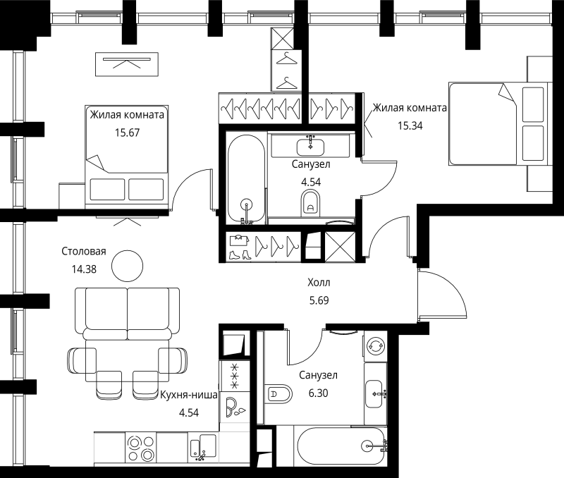3 ккв (Евро) 66,5 м²