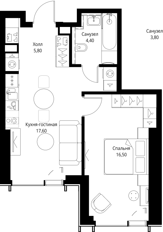 2 ккв (Евро) 45,3 м²