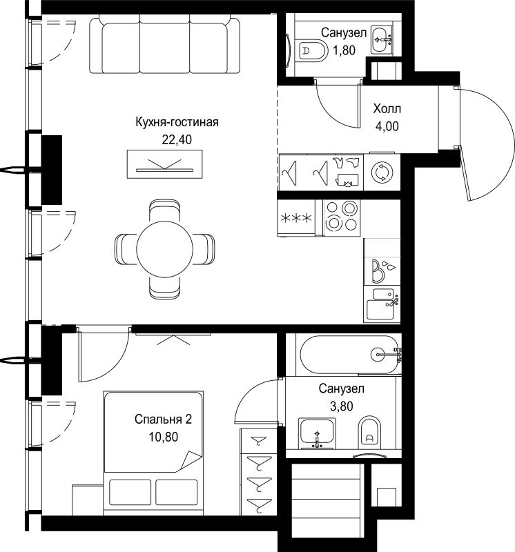 2 ккв (Евро) 42,8 м²