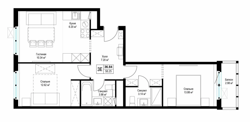3 ккв (Евро) 58 м²