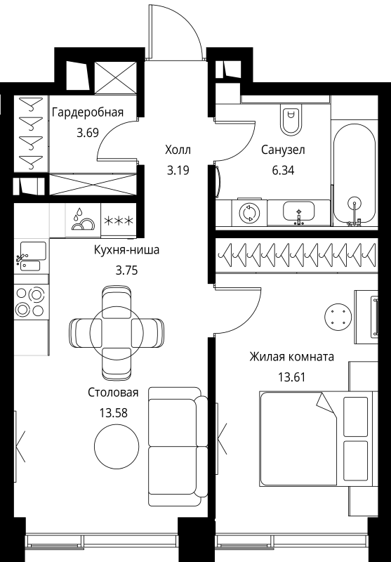 2 ккв (Евро) 44,2 м²