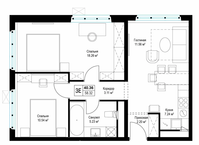 3 ккв (Евро) 58,2 м²