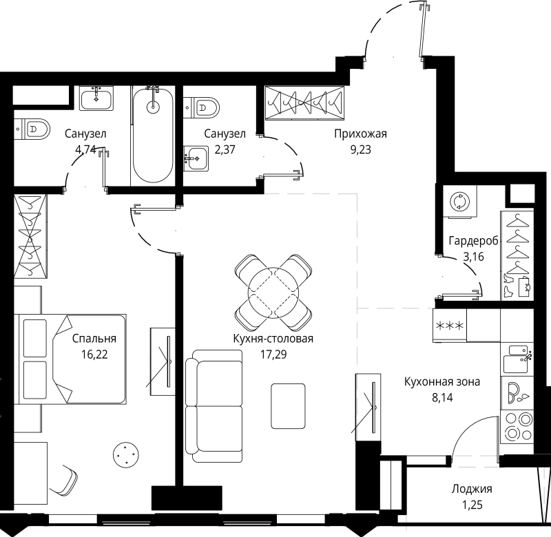 2 ккв (Евро) 62,3 м²