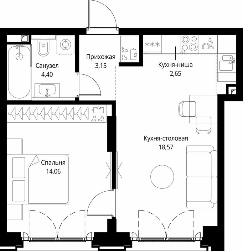2 ккв (Евро) 42,8 м²