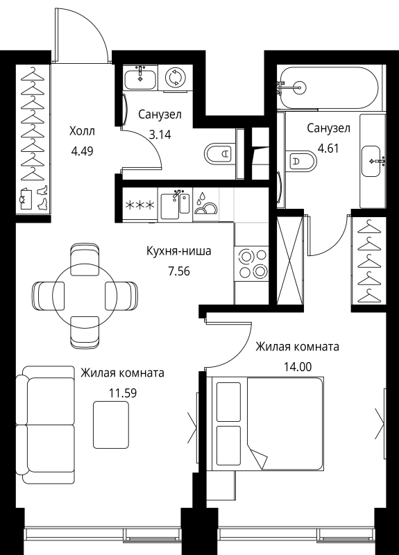 2 ккв (Евро) 45,4 м²