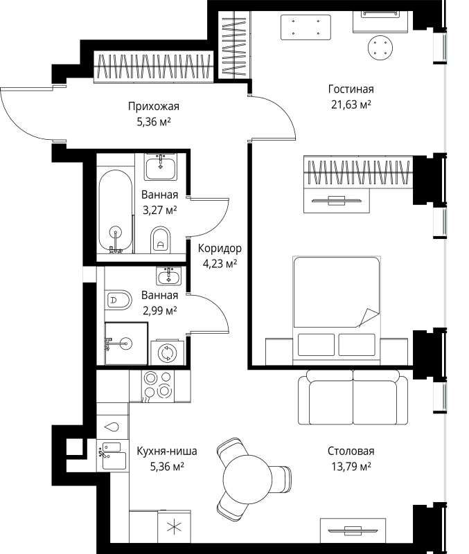 2 ккв (Евро) 56,6 м²