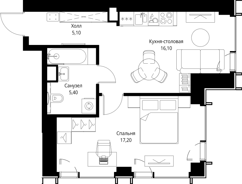 2 ккв (Евро) 43,8 м²