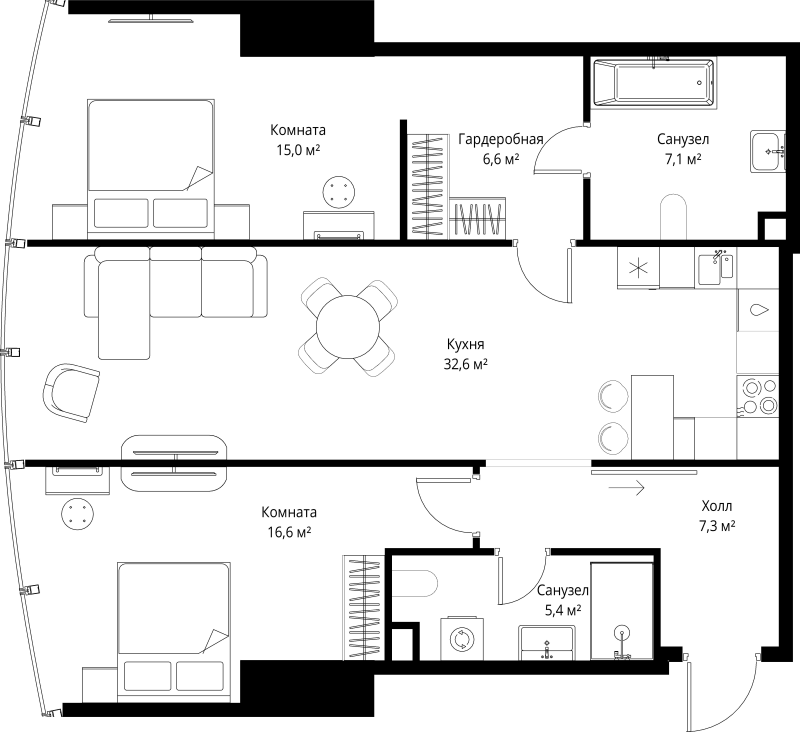 3 ккв (Евро) 90,6 м²