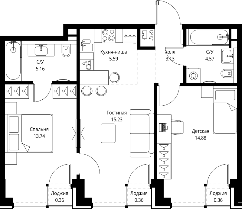 3 ккв (Евро) 63,4 м²