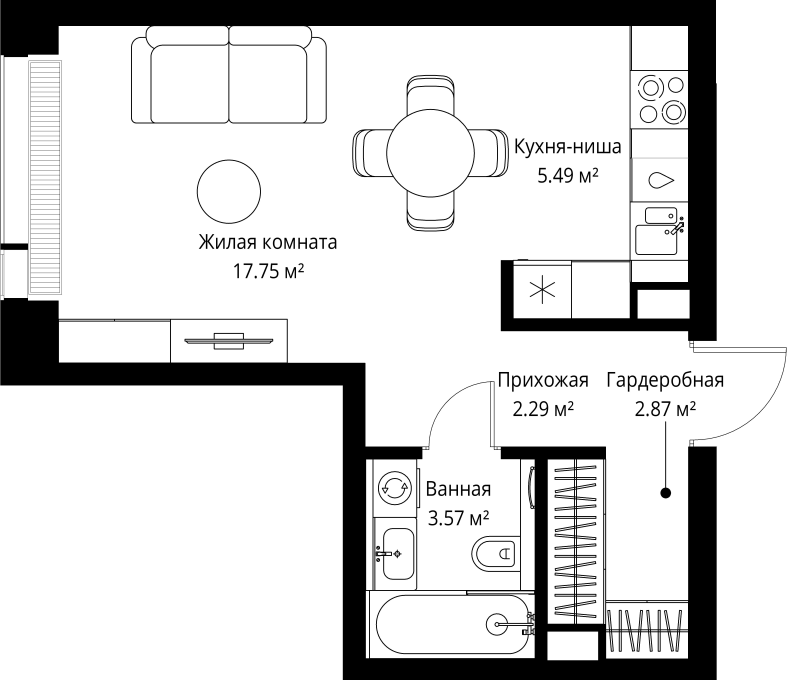 Студия 32 м²