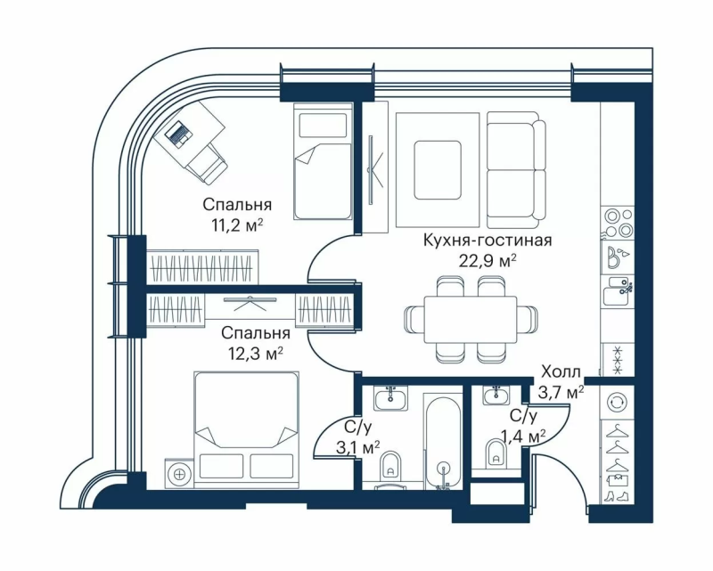 3 ккв (Евро) 54,3 м²