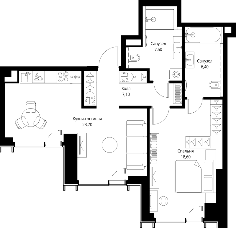 2 ккв (Евро) 64,7 м²