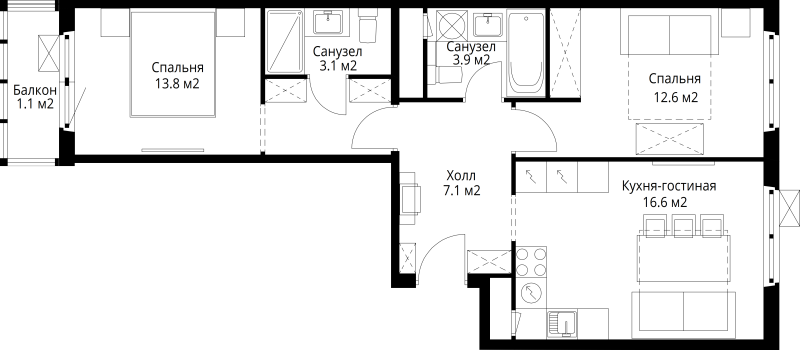 3 ккв (Евро) 58,2 м²