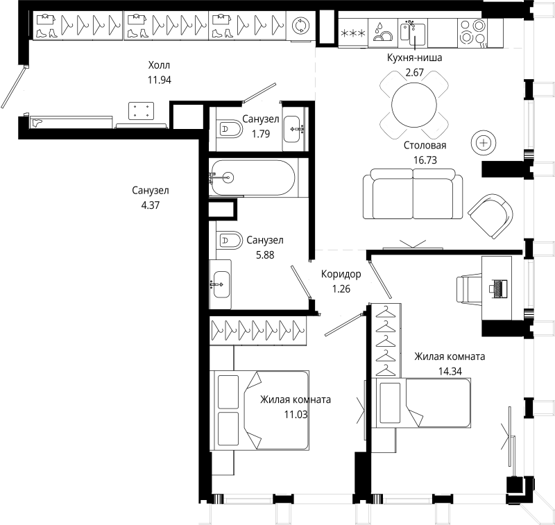 3 ккв (Евро) 65,9 м²