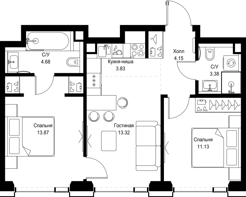3 ккв (Евро) 54,4 м²