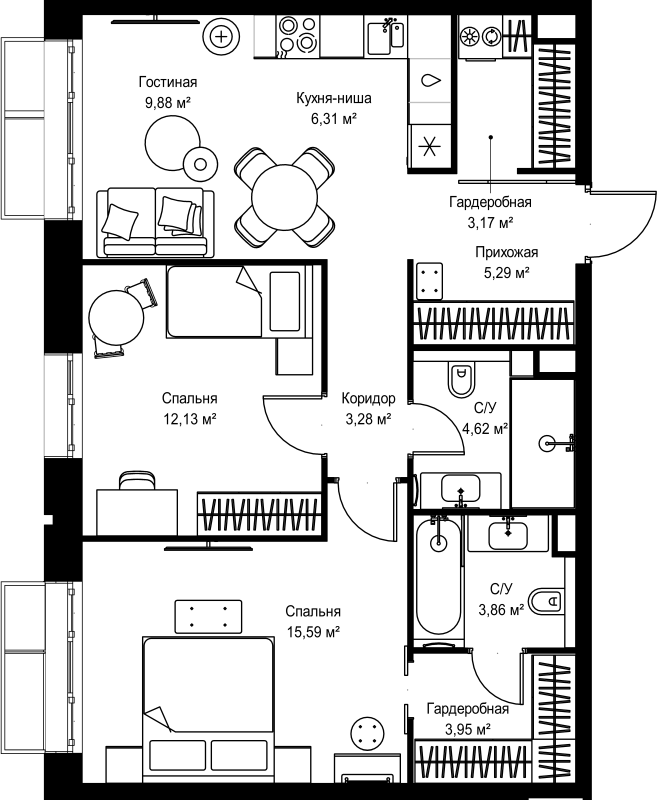 3 ккв (Евро) 68,1 м²