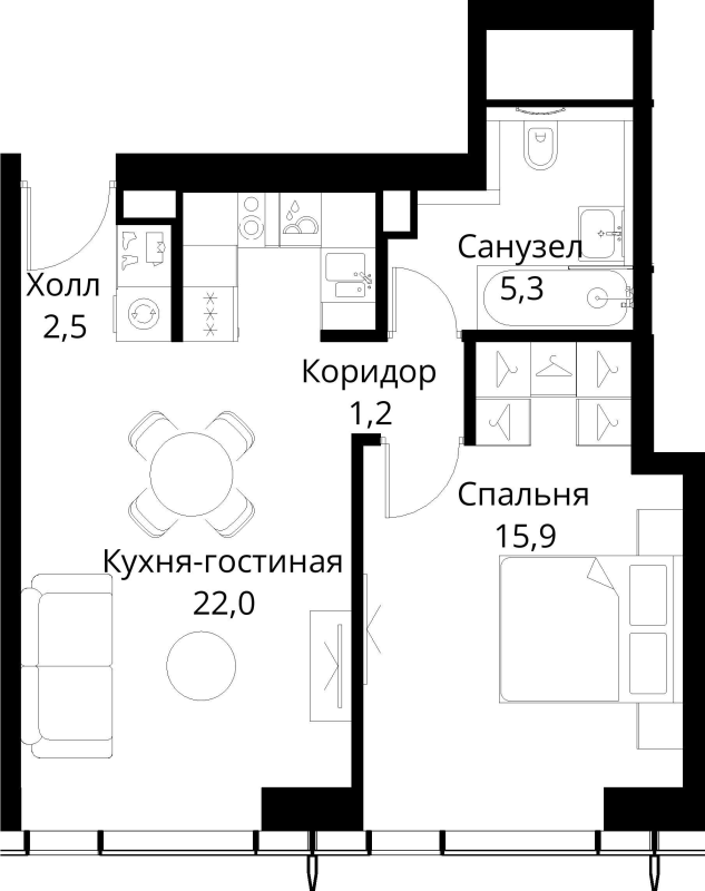 2 ккв (Евро) 46,9 м²