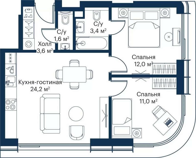 3 ккв (Евро) 53,9 м²