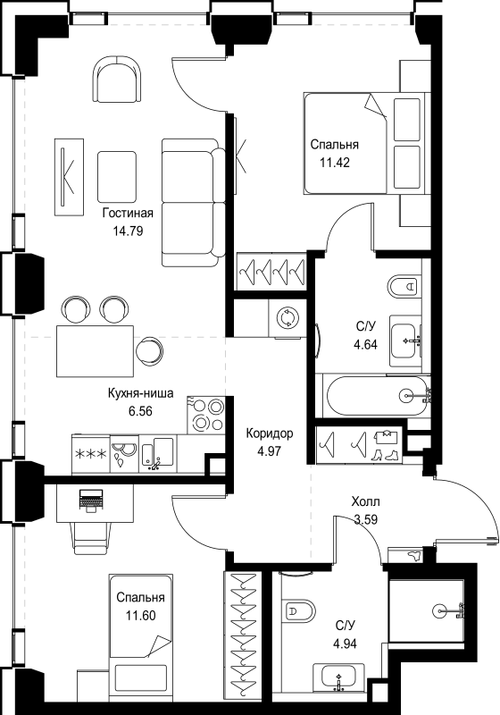 3 ккв (Евро) 62,5 м²