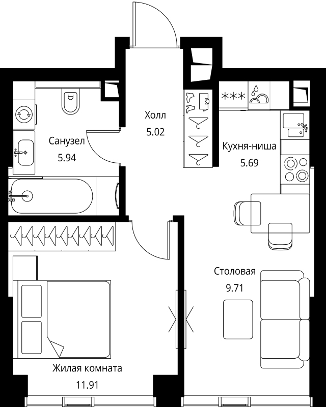 2 ккв (Евро) 38,3 м²