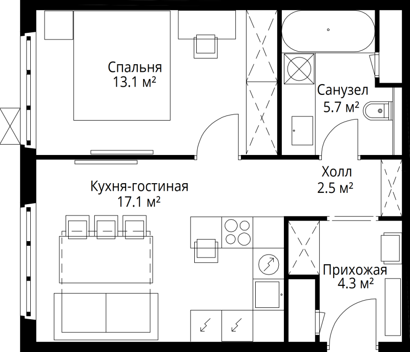 2 ккв (Евро) 42,7 м²