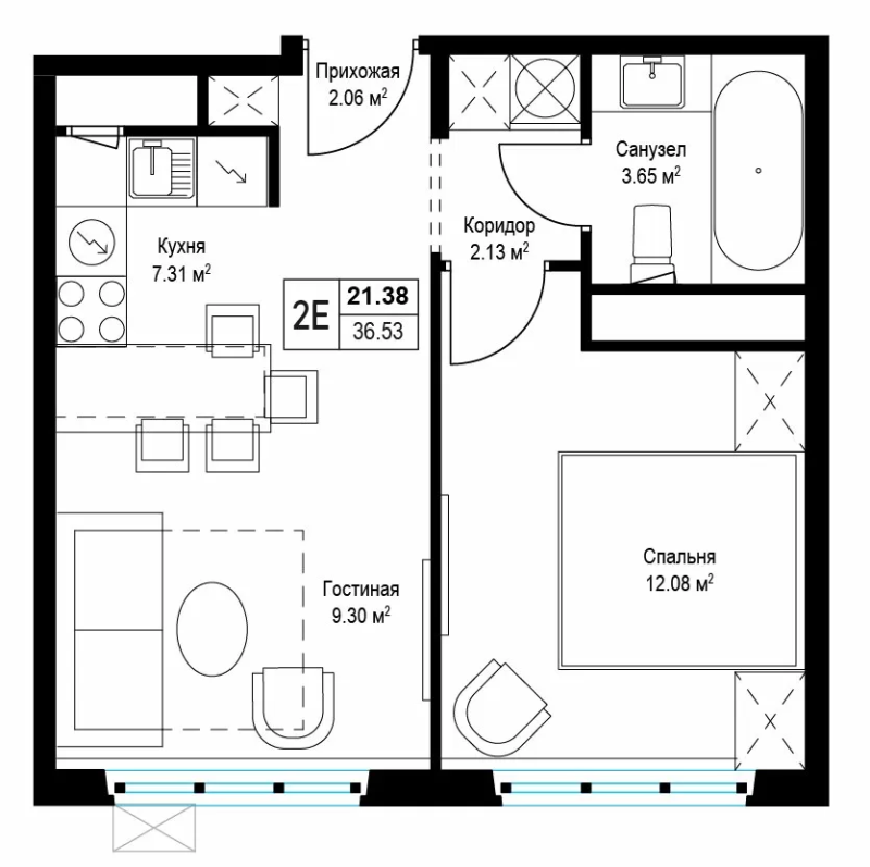 2 ккв (Евро) 36,5 м²