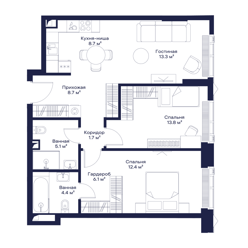 3 ккв (Евро) 74 м²