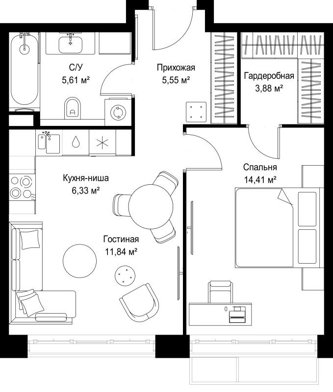 2 ккв (Евро) 47,6 м²