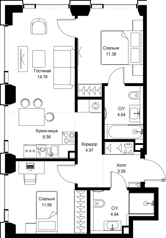 3 ккв (Евро) 62,4 м²