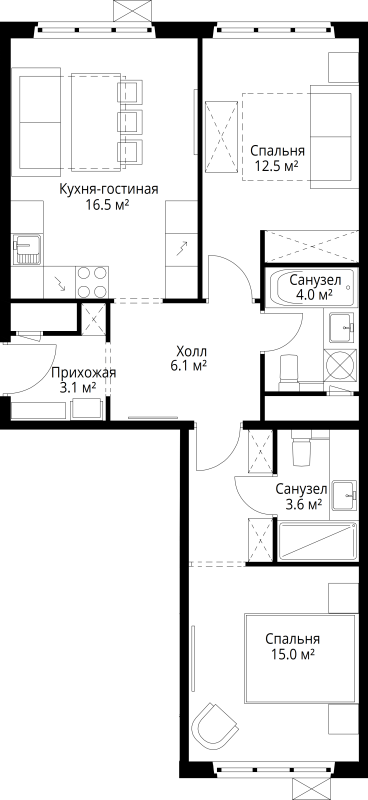 3 ккв (Евро) 60,8 м²