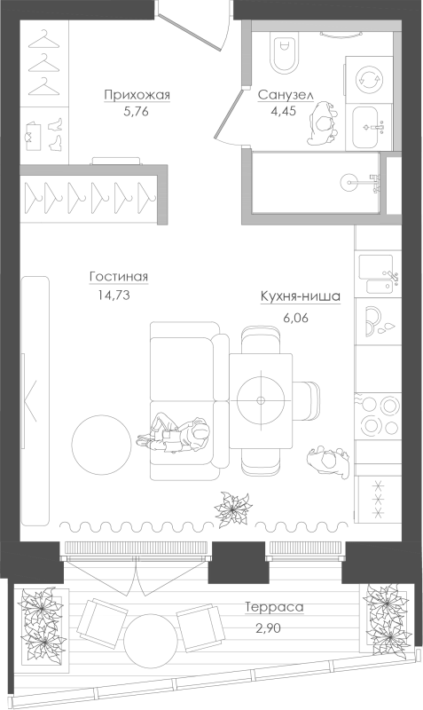 Студия 34,5 м²