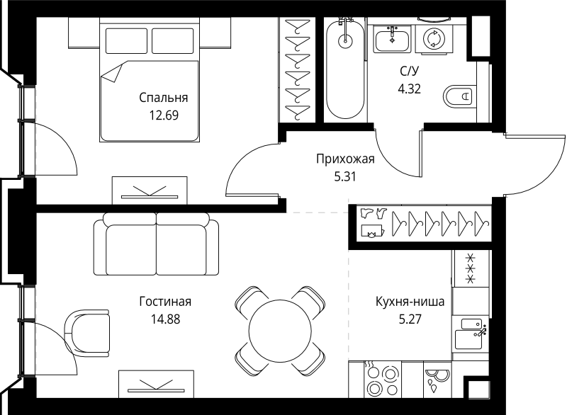 2 ккв (Евро) 42,5 м²