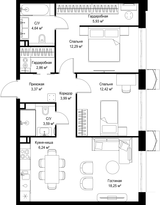 3 ккв (Евро) 73,6 м²