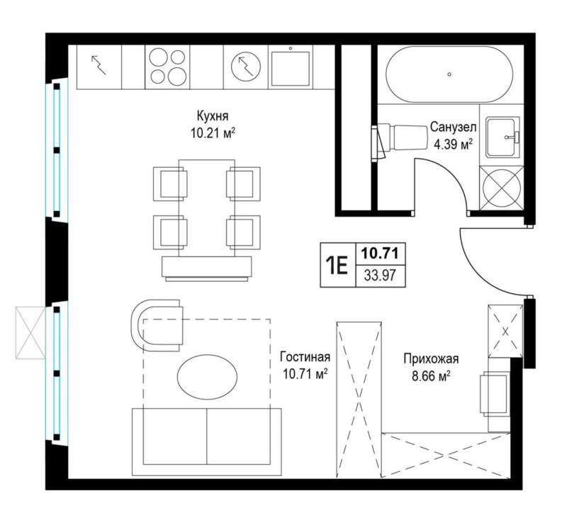 Студия 33,8 м²