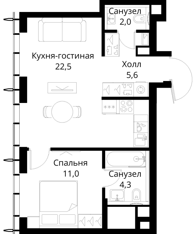 2 ккв (Евро) 45,4 м²