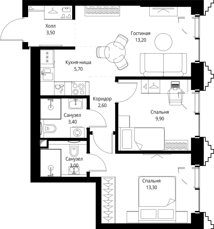 3 ккв (Евро) 55,3 м²