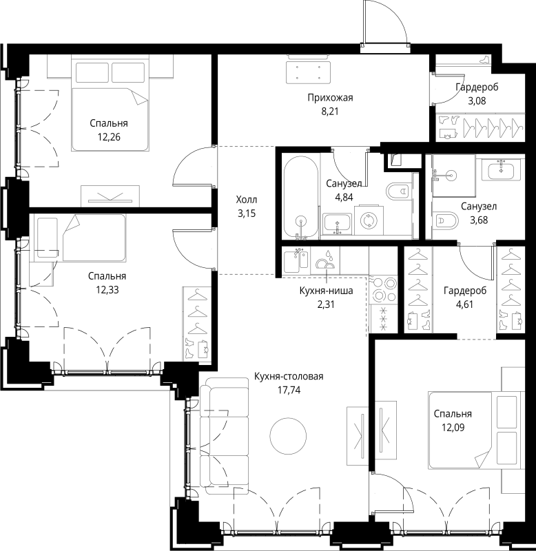 4 ккв (Евро) 84,3 м²