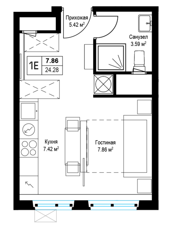 Студия 24,3 м²