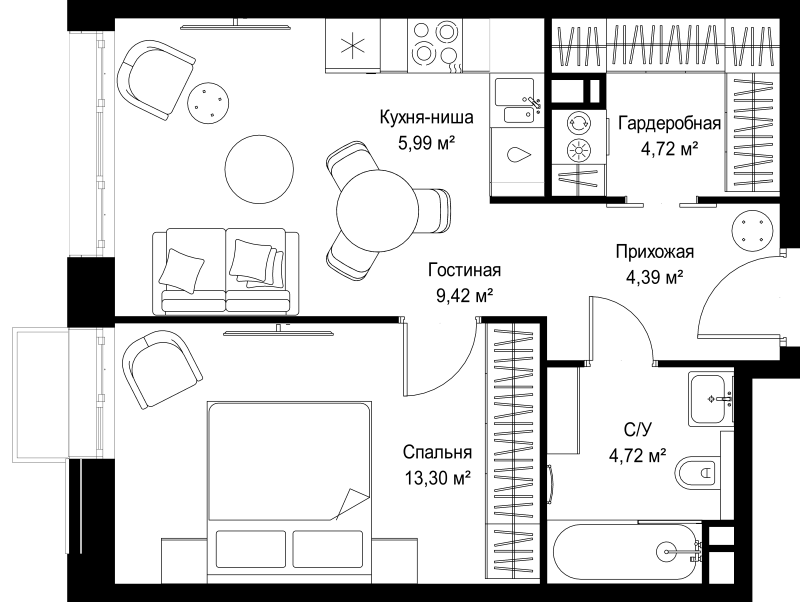 2 ккв (Евро) 42,5 м²