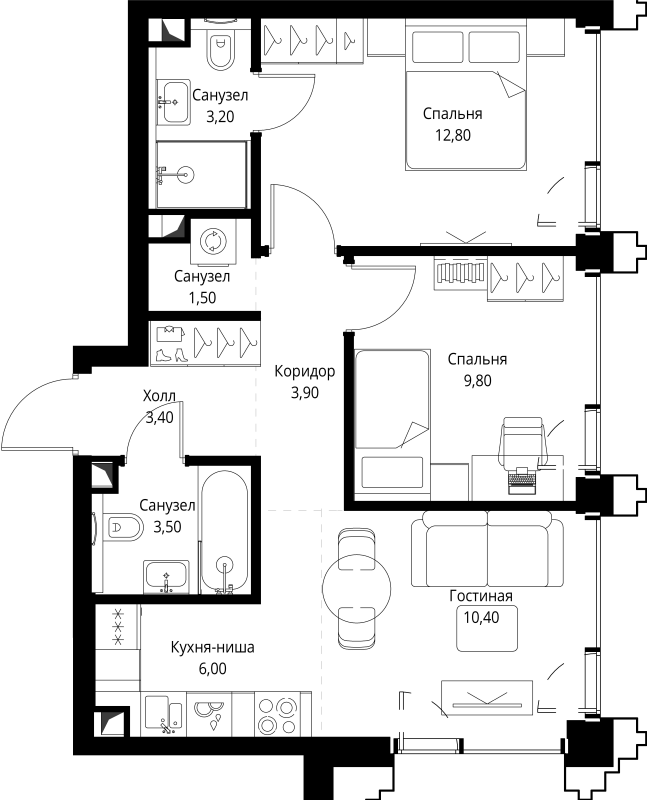 3 ккв (Евро) 54,8 м²