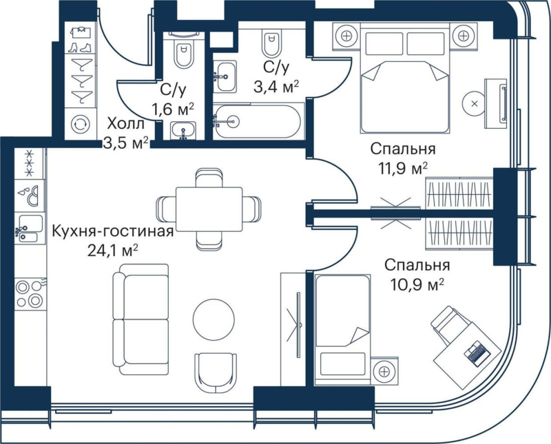 3 ккв (Евро) 53,6 м²