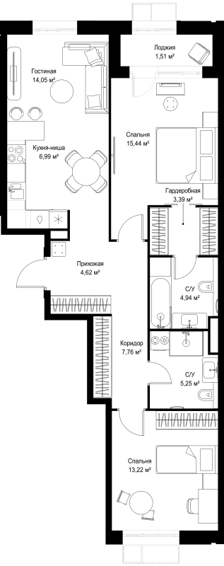 3 ккв (Евро) 77,2 м²