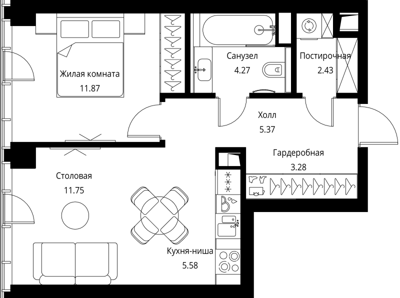 2 ккв (Евро) 44,6 м²