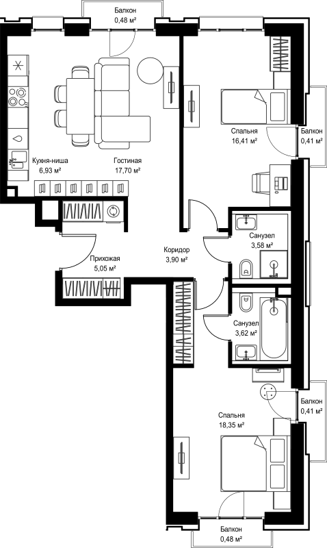 3 ккв (Евро) 77,3 м²