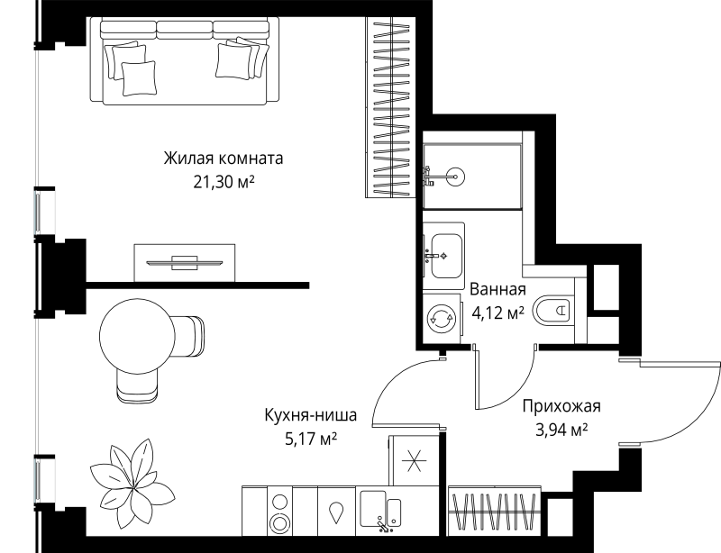 Студия 34,5 м²