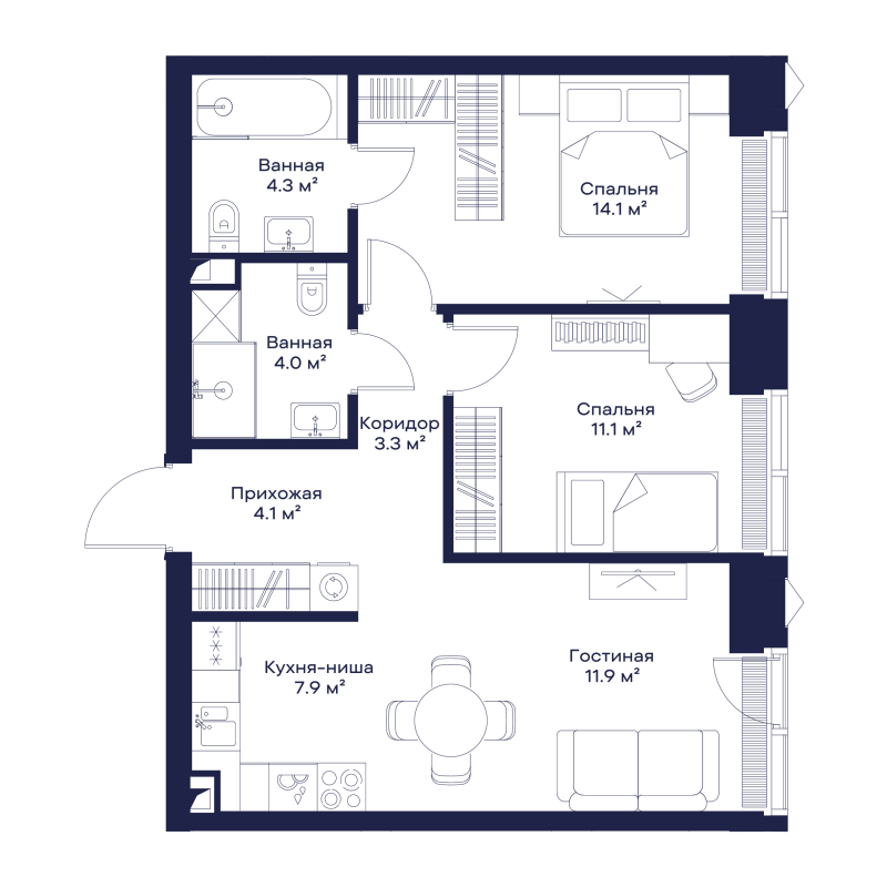 3 ккв (Евро) 60,6 м²