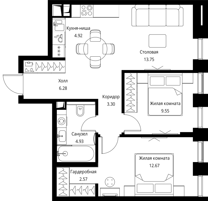 3 ккв (Евро) 58 м²