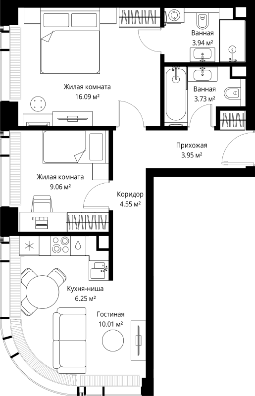 3 ккв (Евро) 57,6 м²