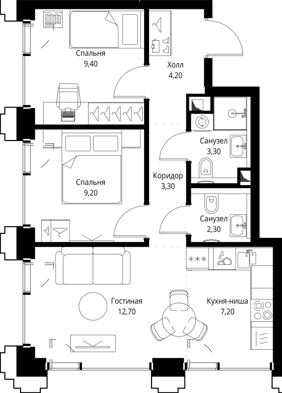 3 ккв (Евро) 52 м²