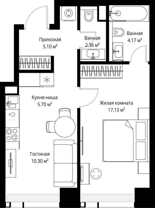 2 ккв (Евро) 44,8 м²